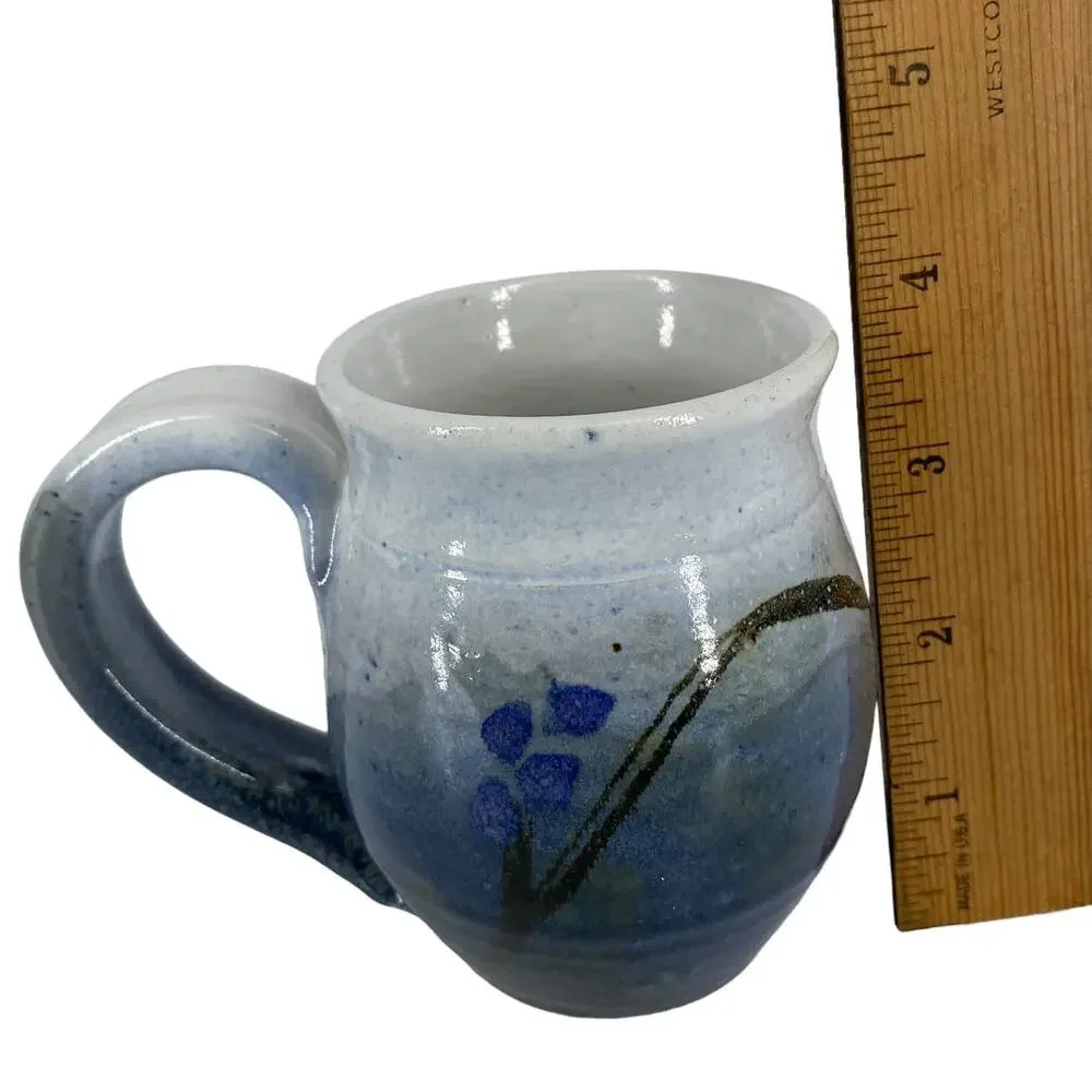 Pottery Mug Blue Signed Rustic Floral Design Coffee Tea Cup Ombre Studio Art